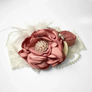 NWT Pretty Vintage Inspired Girls Headband Floral Beaded Lace Blush Mauve OS